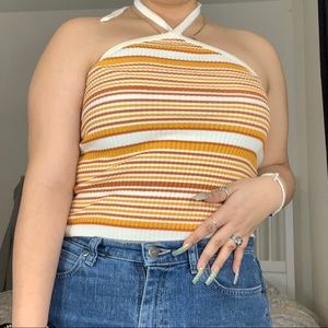 Stripped sleeveless top, ties around neck